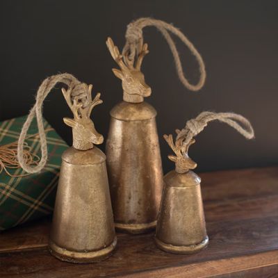 Antiqued Deer Finial Christmas Bells Set of 3