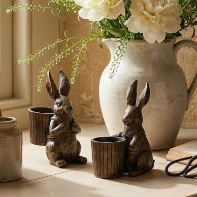 Antiqued Gold Bunny with Basket Figurine Set of 2