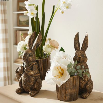 Antiqued Gold Bunny with Basket Figurine Set of 2
