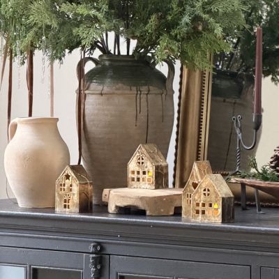 Antiqued Metal Village House Tealight Holder Set of 3