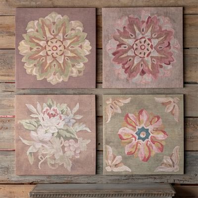 Antiqued Needlepoint Floral Canvas Prints Set of 4