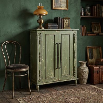 Antiqued Painted Green Storage Cabinet