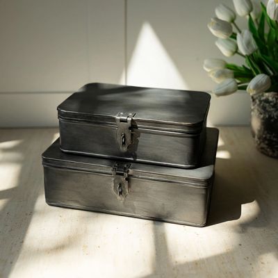 Antiqued Silver Metal Storage Box Set of 2