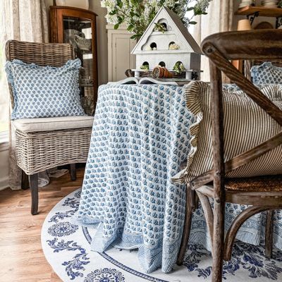 Apatite Blue Round Cotton Block Print Tablecloth