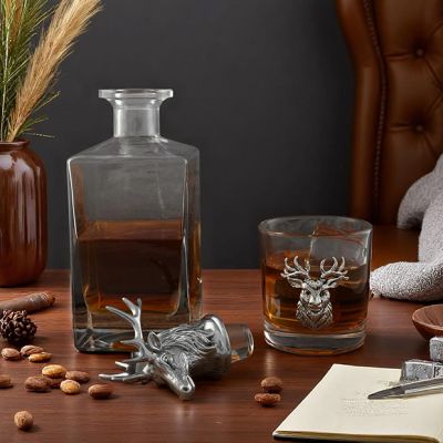 Arthur Court 3 Piece Elk Bust Decanter with Glasses Set