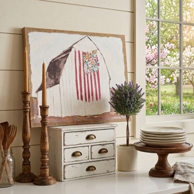 Barn Flag and Flowers Plastered Burlap Wall Decor