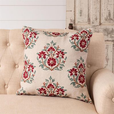 Beaded Floral Block Print Accent Pillow