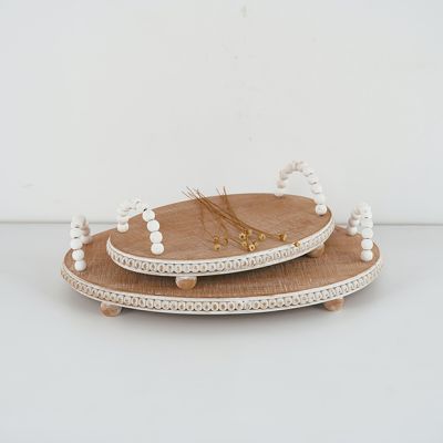 Beaded Handled Wood Tray Set of 2