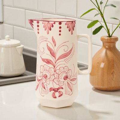 Beautiful Botanical Hand Painted Stoneware Pitcher
