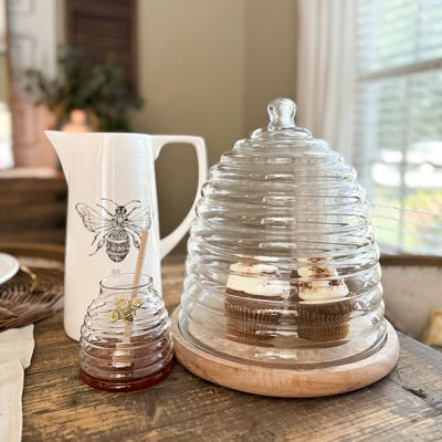 Bee Hive Cloche On Wood Base