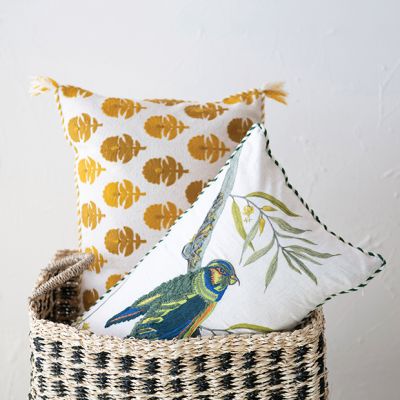 Bird on Branch Embroidered Lumbar Pillow