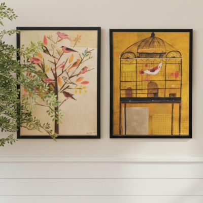 Birds and Tree Motif Framed Canvas Wall Decor Set of 2
