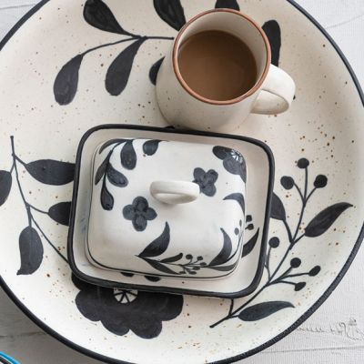 Black and White Florals Butter Dish With Lid
