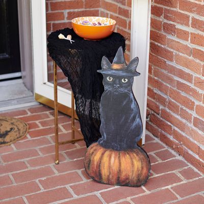 Black Cat in Witch Hat Wooden Porch Leaner