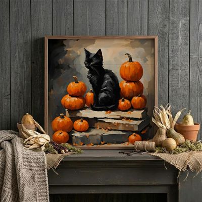Black Cat With Pumpkin Stack Framed Wall Art