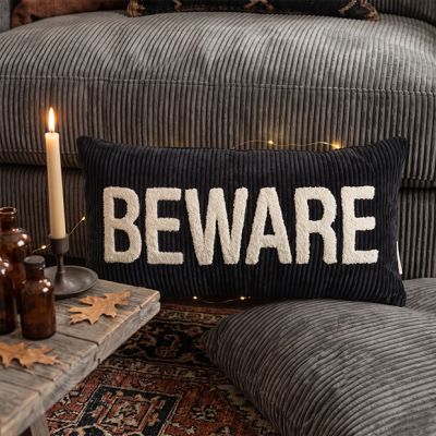Black Corduroy Beware Lumbar Pillow