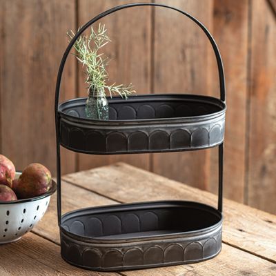 Black Galvanized Metal 2 Tier Oval Tray Stand