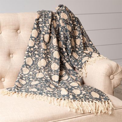 Block Print Floral Fringed Throw Blanket