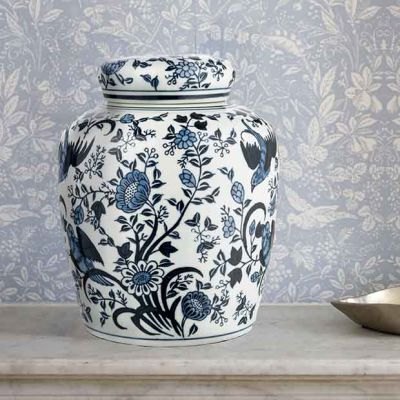 Blue and White Bird Motif Ginger Jar
