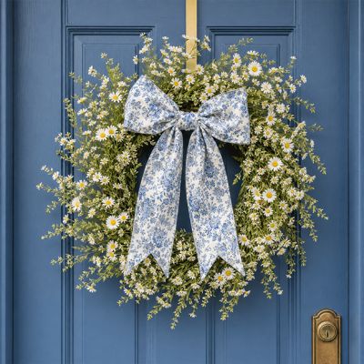 Blue and White Cotton Floral Wreath Bow