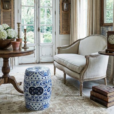 Blue Floral Glazed Ceramic Garden Stool