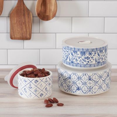 Blue Floral Pattern Serving Bowl With Lid Set of 3