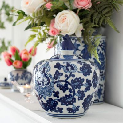 Finial Topped Blue Floral Ginger Jar