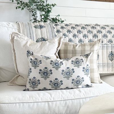 Blue Florals Block Print Throw Pillow