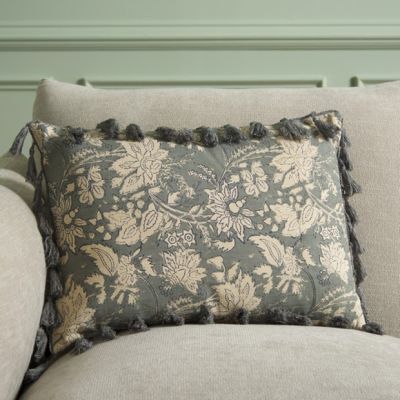 Blue Grey Cotton Floral Pillow With Tassels