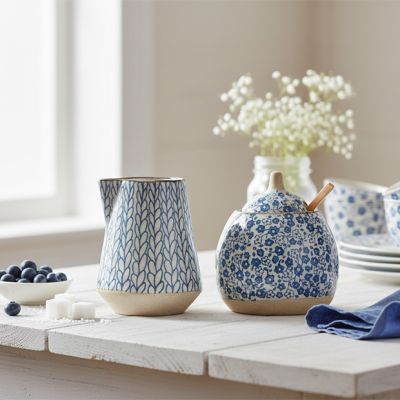 Blue Patterned Stoneware Sugar And Creamer Set