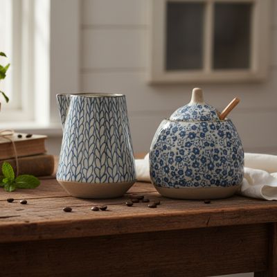 Blue Patterned Stoneware Sugar And Creamer Set