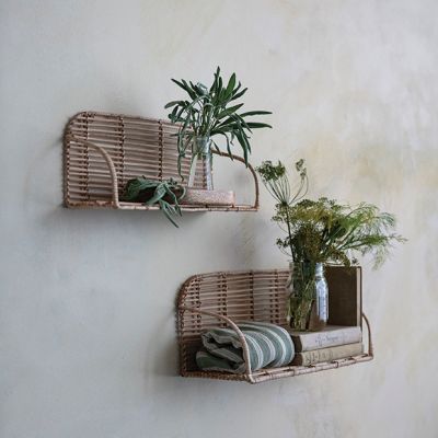 Boho Chic Rattan and Metal Wall Shelves Set of 2