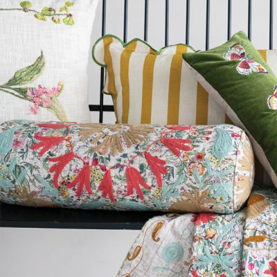 Boho Floral Embroidered Bolster Pillow