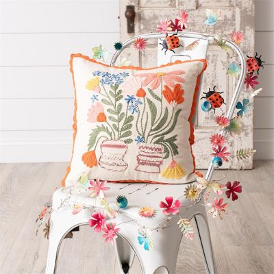 Boho Floral Vases Embroidered Accent Pillow