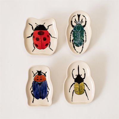 Botanical Beetle Bug Scalloped Stoneware Trinket Trays Assorted Set of 4