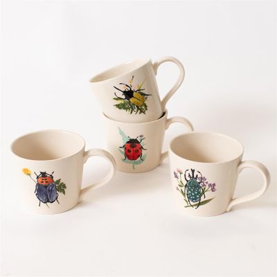 Botanical Beetle Bug Stoneware Mugs Assorted Set of 4
