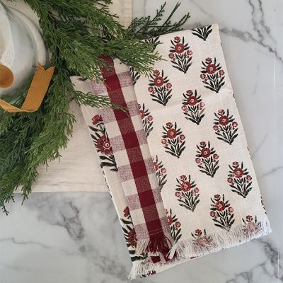 Botanical Block Print And Plaid Towel Set of 3