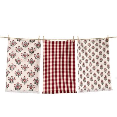Botanical Block Print And Plaid Towel Set of 3
