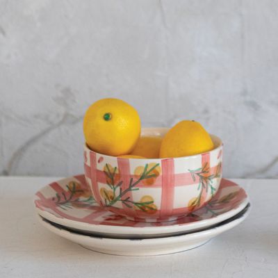 Botanical Grid Pattern Painted Stoneware Bowl Set