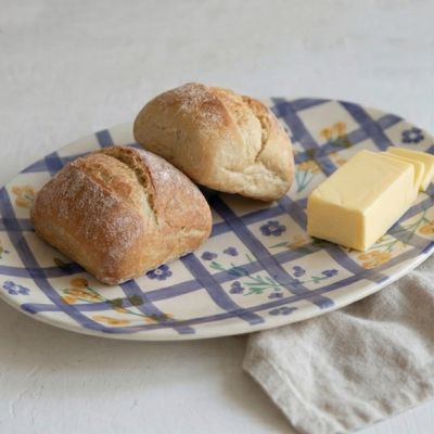 Botanical Grid Pattern Painted Stoneware Oval Platter