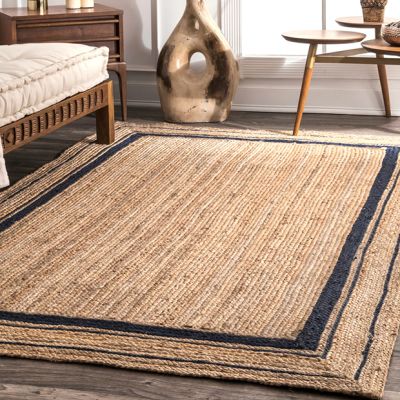 Braided Navy Border Jute Area Rug
