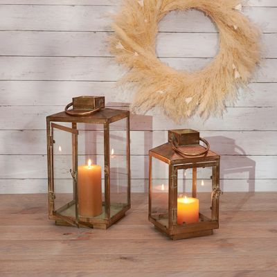 Brass Finish Old World Metal Candle Lantern Set of 2