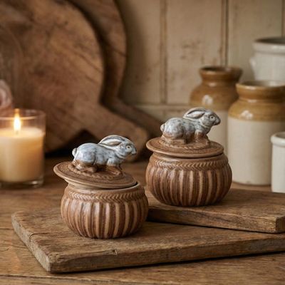 Brown and White Rustic Bunny Salt Cellar Set of 2