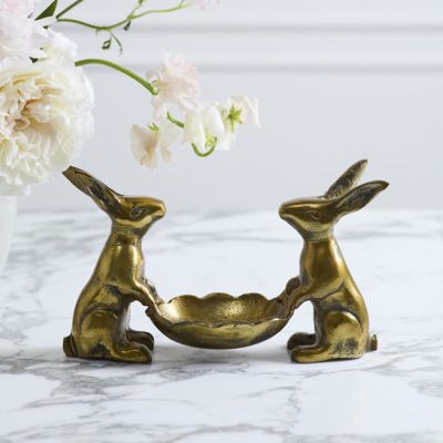 Bunny Pair Antiqued Gold Dish Stand