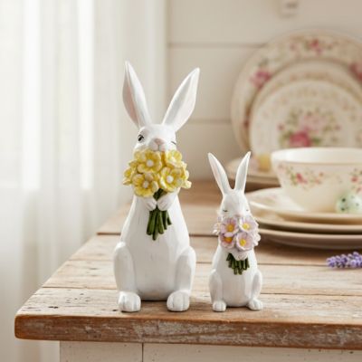 Bunny With Flowers Figurine Set of 2