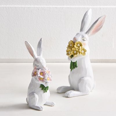 Bunny With Flowers Figurine Set of 2