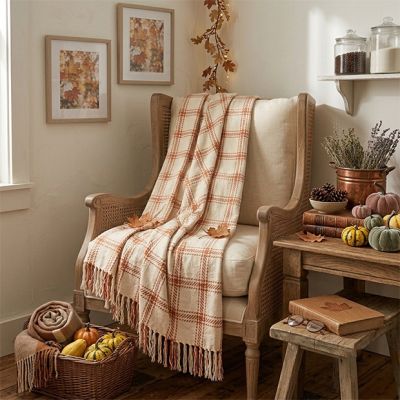 Burnt Orange Plaid Fringed Throw Blanket