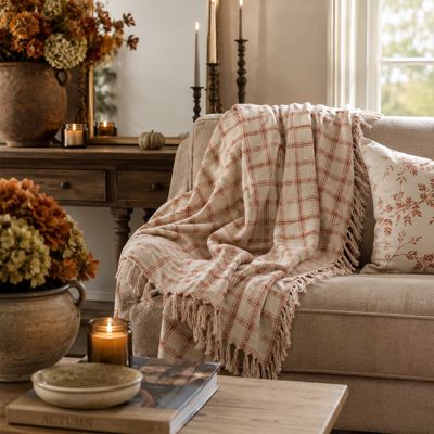 Burnt Orange Plaid Fringed Throw Blanket