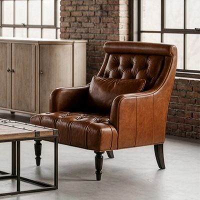 Button Tufted Brown Leather Club Chair with Pillow