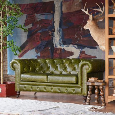 Button Tufted Green Leather Loveseat | FREE SHIPPING